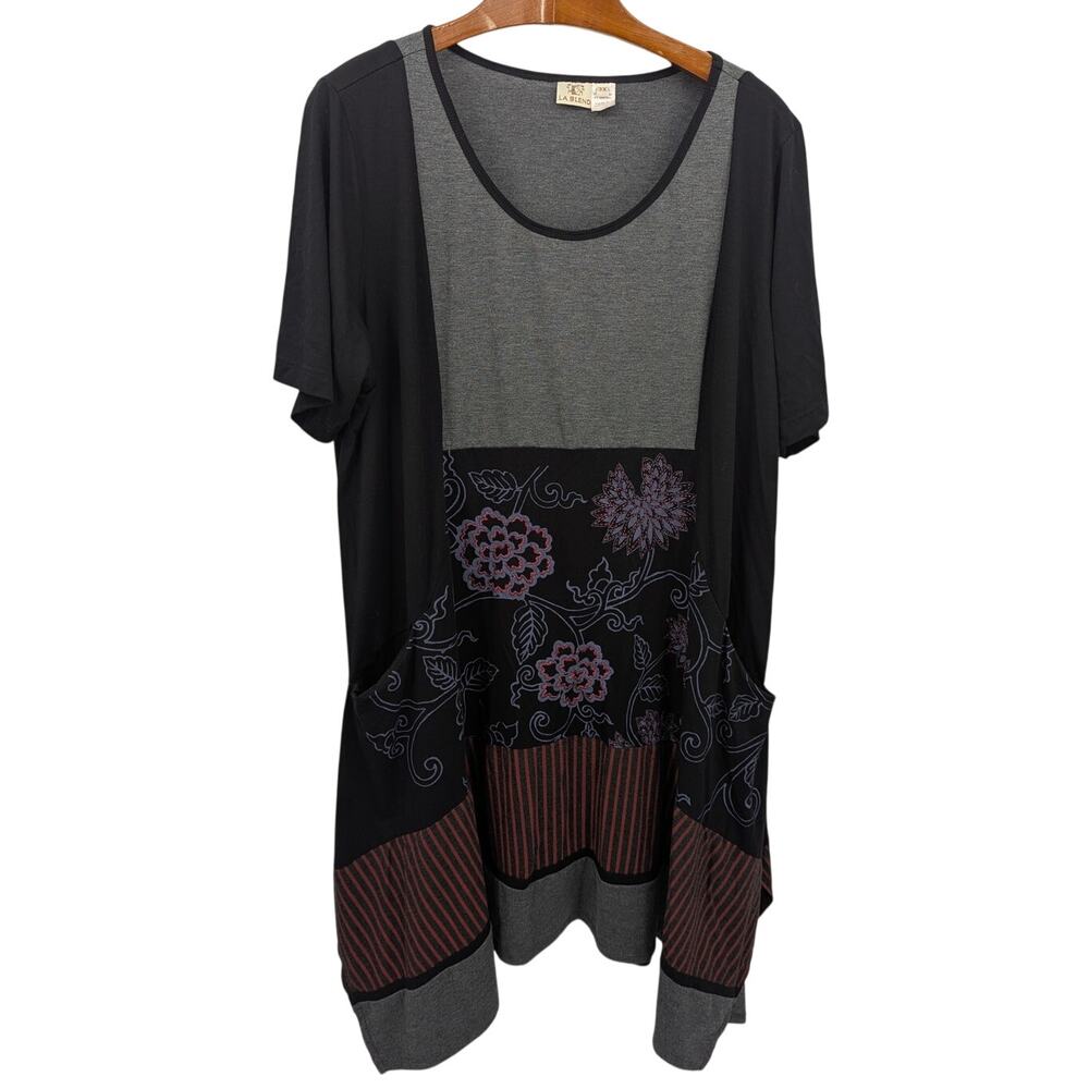 La Blend Tunic Dress 3X Plus Size Mixed Media Floral Stripe Pockets Lagenlook